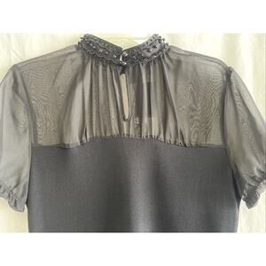 Holiday Black Ruffle Beaded Neck Chiffon Blouse Kenar Womens Size Large